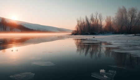 Majestic mountain range reflects tranquil scene in frozen pond at dawn generated by artificial intelligenceの素材