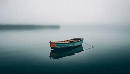 Tranquil scene of a rowboat on a foggy pond sailing generated by artificial intelligenceの素材