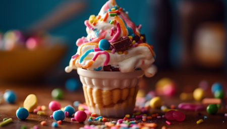 Multi colored gourmet cupcakes with sweet icing and fruity decoration generated by artificial intelligenceの素材