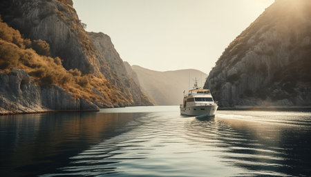 Yacht sailing on blue waves, exploring nature beauty in relaxation generated by artificial intelligenceの素材