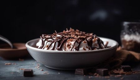 Homemade dark chocolate brownie stack on rustic wood table generated by artificial intelligenceの素材