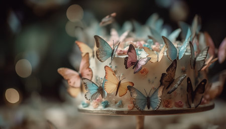 Vibrant butterfly wing showcases ornate decoration in close up nature shot generated by artificial intelligenceの素材