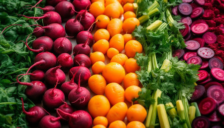 Healthy eating with fresh organic vegetables and multi colored fruits generated by artificial intelligenceの素材