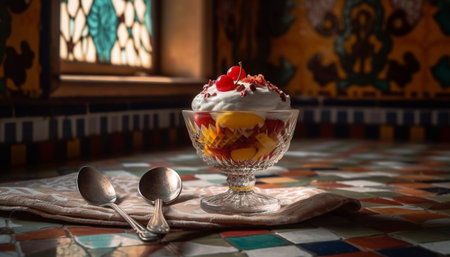 Rustic homemade dessert on wooden table with fresh fruit decoration generated by artificial intelligenceの素材