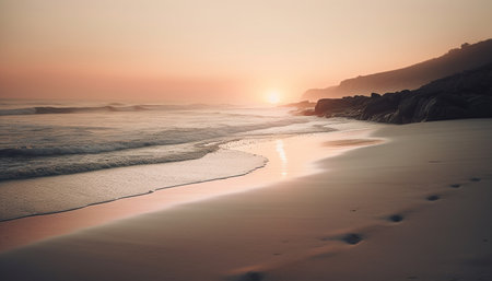 Golden horizon over tranquil waters, a romantic seaside escape generated by artificial intelligenceの素材
