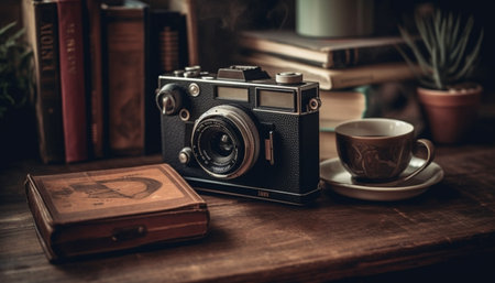 Antique camera on old wooden table captures nostalgic still life generated by artificial intelligenceの素材