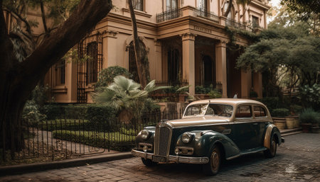 Vintage car in Cuban architecture, a symbol of Caribbean culture generated by artificial intelligenceの素材
