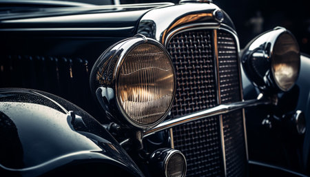 Close up of vintage car chrome bumper and headlight grille generated by artificial intelligenceの素材