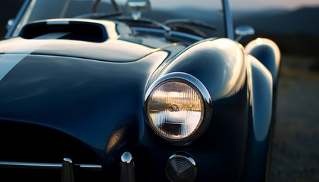 Vintage car driving fast, chrome grille shining in the sun generated by artificial intelligenceの素材
