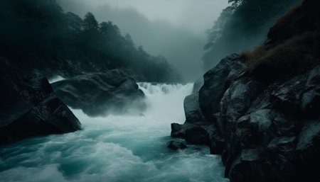 Tranquil scene of majestic mountain range, rapid flowing water, blurred motion generated by artificial intelligenceの素材