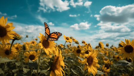 Vibrant sunflower meadow, buzzing with pollination and idyllic beauty generated by artificial intelligenceの素材