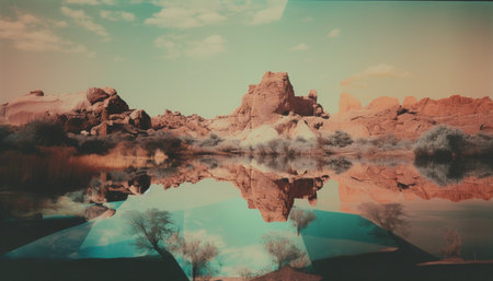 Tranquil scene of majestic mountain reflected in tranquil pond generated by artificial intelligenceの素材