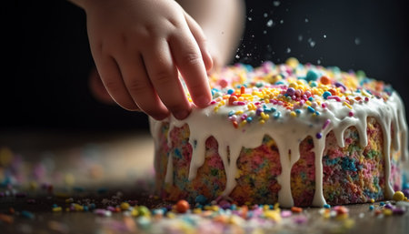 Multi colored birthday cake with chocolate icing and sugary decorations generated by artificial intelligenceの素材