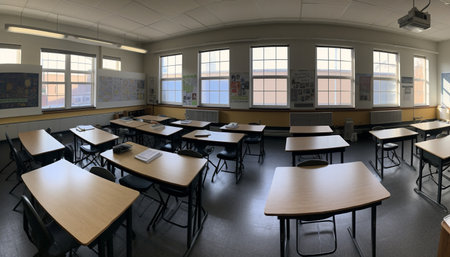 Empty classroom with modern design, wooden desks and chairs in a row generated by artificial intelligenceの素材
