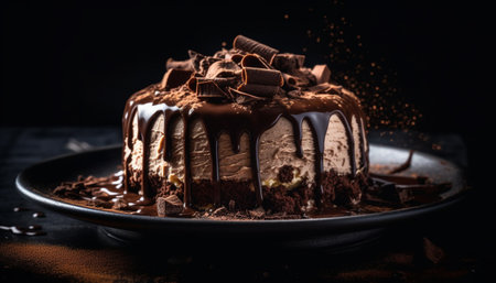 sweet and delicious Indulgent chocolate dessert on rustic plate generated by artificial intelligenceの素材