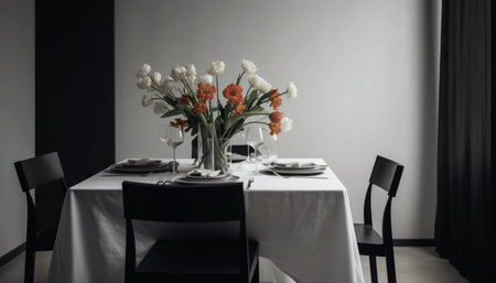 Elegant dining room with modern decor, luxurious tablecloth, and bouquet generated by artificial intelligenceの素材