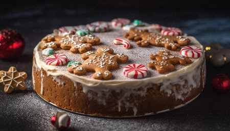 Homemade gingerbread cookies with icing and candy cane decoration generated by artificial intelligenceの素材