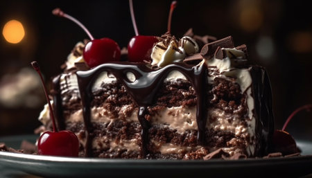 Indulgent chocolate cake with fresh berry decoration and whipped cream generated by artificial intelligenceの素材