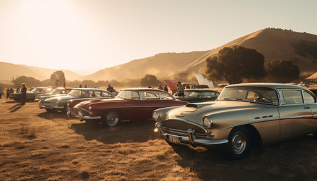 Vintage car driving off road, chrome bumper shining in sunlight generated by artificial intelligenceの素材
