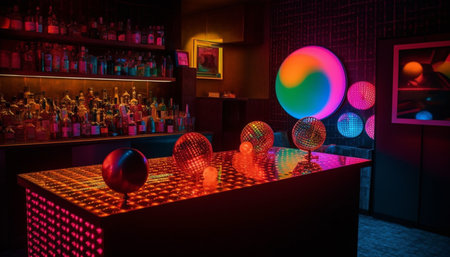 Vibrant nightclub with modern design, illuminated by multi colored lighting equipment generated by artificial intelligenceの素材