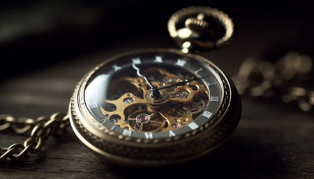 Antique pocket watch with accurate minute hand and metallic chain generated by artificial intelligenceの素材