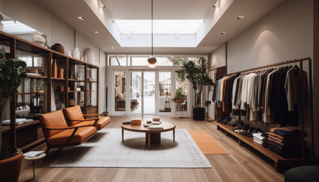 Modern domestic room design with wood flooring, table, chair, and elegance generated by artificial intelligenceの素材