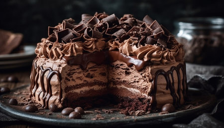Indulgent homemade chocolate cake with fresh cream and cocoa powder generated by artificial intelligenceの素材