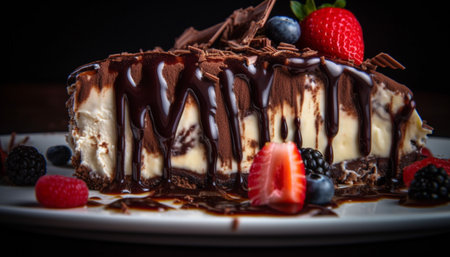 Indulgent gourmet dessert Dark chocolate cheesecake with fresh berry toppings generated by artificial intelligenceの素材