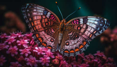 Vibrant butterfly wing showcases beauty in nature fragility and elegance generated by artificial intelligenceの素材