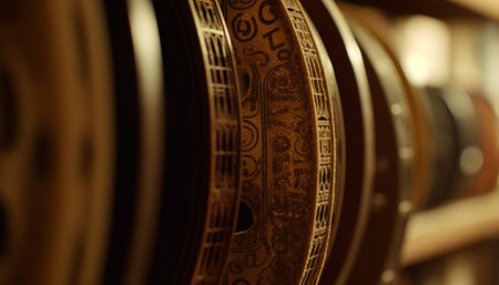 Shiny gold coins stack on old fashioned spool, symbolizing wealth and finance generated by artificial intelligenceの素材