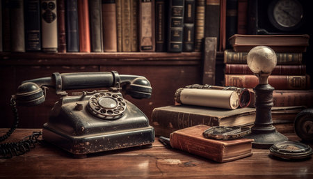 Antique bookshelf with old fashioned leather bound books, a telephone, and paper generated by artificial intelligenceの素材