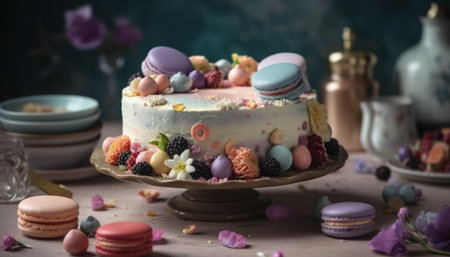 A luxurious gourmet dessert table with multi colored macaroons and cheesecake generated by artificial intelligenceの素材