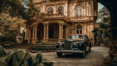 Vintage car in front of old fashioned building, a Cuban landmark generated by artificial intelligenceの素材