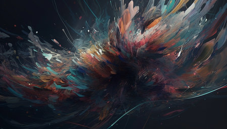 Vibrant colors spiral in a futuristic, digitally generated explosion generated by artificial intelligenceの素材