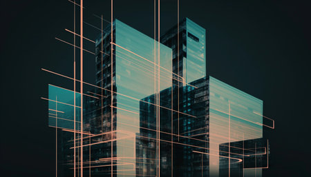 Modern skyscraper blueprint outlines futuristic cityscape on dark backdrop generated by artificial intelligenceの素材