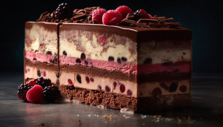 Indulgent gourmet dessert chocolate cheesecake with raspberry and strawberry decoration generated by artificial intelligenceの素材