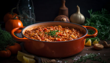 Rustic vegetarian casserole with fresh pumpkin, tomato, and carrot stew generated by artificial intelligenceの素材