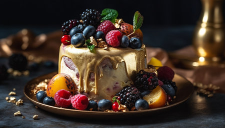 Indulgent homemade berry cheesecake with chocolate sauce and fresh berries generated by artificial intelligenceの素材