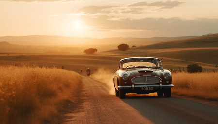 Vintage sports car speeds through rural landscape at sunset generated by artificial intelligenceの素材