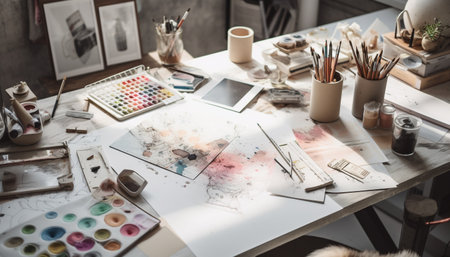 Creative professional working indoors at messy design studio desk generated by artificial intelligenceの素材