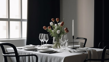 Modern luxury dining room with elegant decor and flower arrangement generated by artificial intelligenceの素材