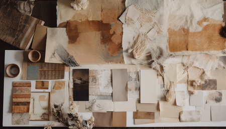 Old wooden wall with messy abstract pattern and blank cardboard frame generated by artificial intelligenceの素材