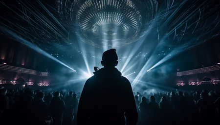 Nighttime crowd watches backlit performance on stage with glowing spotlight generated by artificial intelligenceの素材