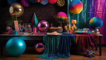 Colorful birthday party with balloons, candles, and confetti decorations generated by artificial intelligenceの素材