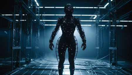 Futuristic robot standing indoors, working with machinery and equipment generated by artificial intelligenceの素材