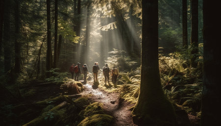 Two backpackers hiking through the tranquil forest on a foggy day generated by artificial intelligenceの素材