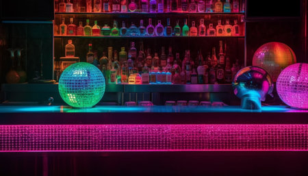 Vibrant nightclub celebration with disco ball, cocktails, and dancing generated by artificial intelligenceの素材