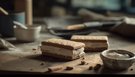 Homemade chocolate cookies on rustic wooden table generated by artificial intelligenceの素材