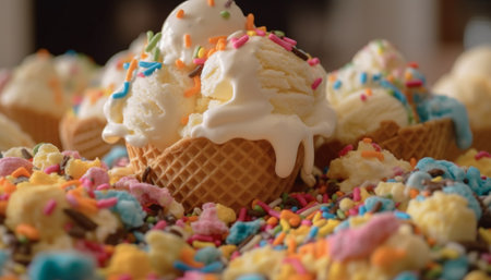 Multi colored ice cream cone with candy decoration and fresh fruit generated by artificial intelligenceの素材