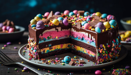 Multi colored birthday cake with chocolate icing and strawberry decoration generated by artificial intelligenceの素材